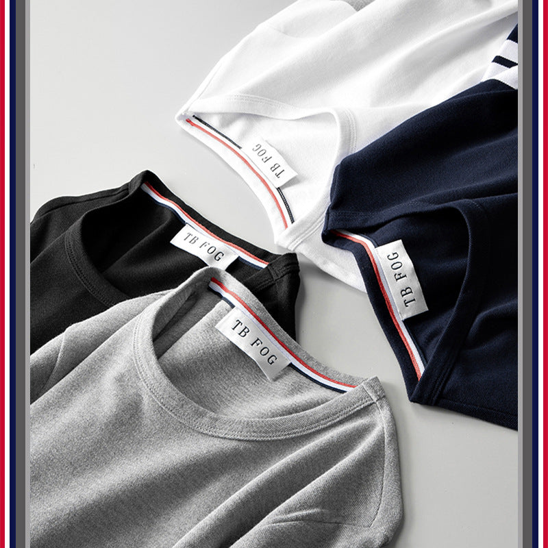 GOOSUDU TB Yarn-Dyed Four-Bar Stripes Fashion Brand Half Sleeve Cotton Summer round Neck Short Sleeves T-shirt Men's Casual All-Match Fashion