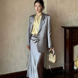 Spring new retro pinch pleated design sense acetic acid fishtail long skirt temperament advanced thin skirt women N1019