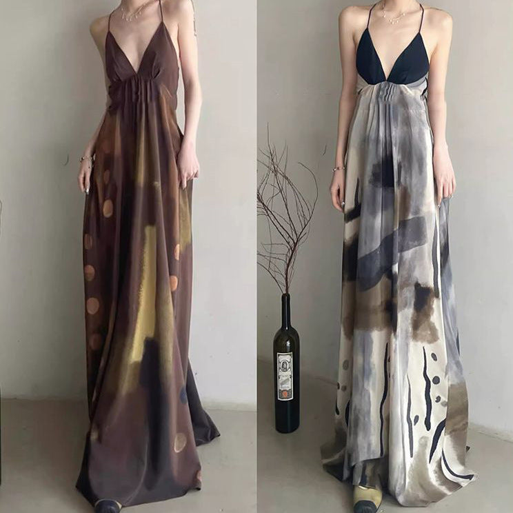 2025 Spring and summer popular new fashion temperament thin cold elegant ink Dunhuang suspender casual dress