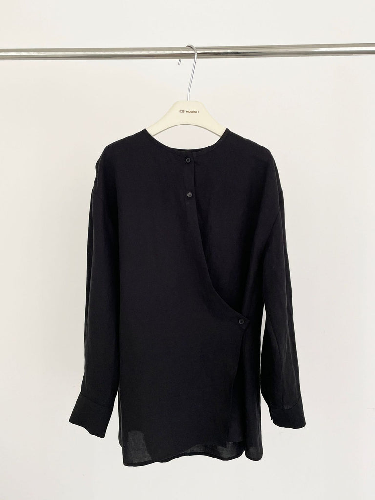 2025 ES MODISH spring new product niche design sense round neck side buckle solid color loose Tencel casual shirt girls