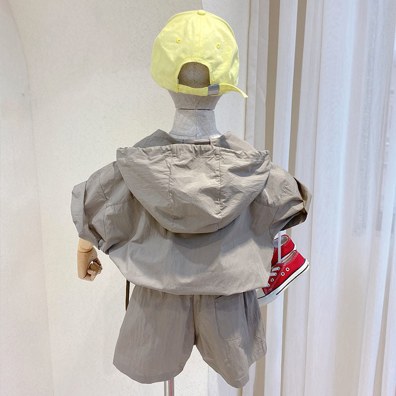 Free Shipping Boys Summer Suit New Short Sleeve Korean Style Children's Baby Comfortable Western Style Hooded Two-Piece Set