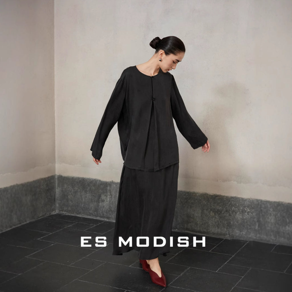 2025 ES MODISH spring new national style retro simple and elegant long-sleeved shirt + A-shaped skirt suit for girls