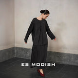 2025 ES MODISH spring new national style retro simple and elegant long-sleeved shirt + A-shaped skirt suit for girls