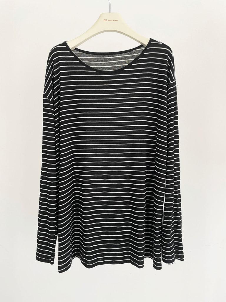 2025 ES MODISH Spring New Product Premium Versatile Knitted Top Loose Casual Stripe Long Sleeve Tencel T-Shirt Girls