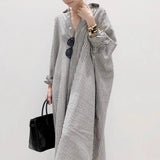 Japanese New loose large-size long-sleeved striped cotton and linen shirt skirt spring and autumn Korean version fat MM knee-length dress dress