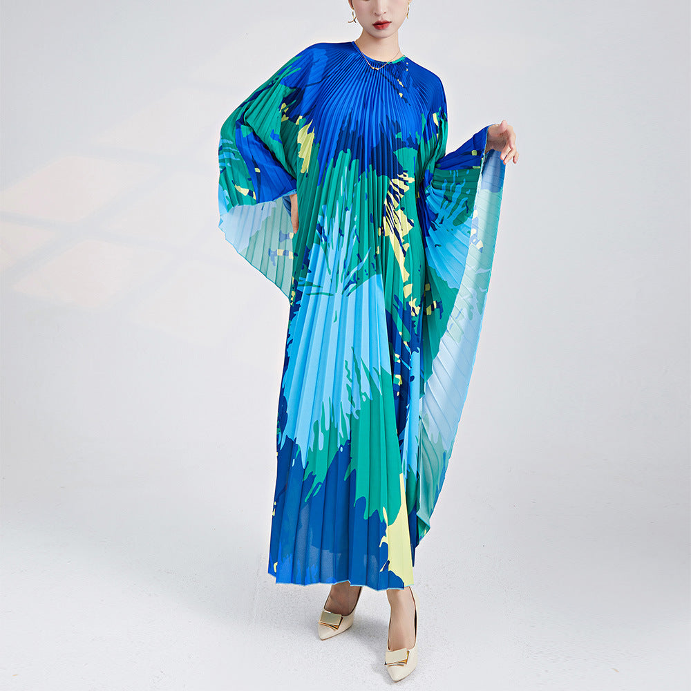 2025 2025 New large-size dress women's printing irregular loose high-end skirt vacation style pleated dress