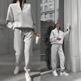 GOOSUDU New long-sleeved zipper stand-up neck sweater set women's autumn and winter new comfortable loose sports and leisure sweater two-piece set