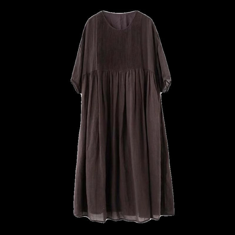 Literary and retro cotton and linen dress women's  summer new robe organ pleated seven-point bubble sleeves elegant long dress