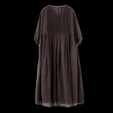 Literary and retro cotton and linen dress women's  summer new robe organ pleated seven-point bubble sleeves elegant long dress