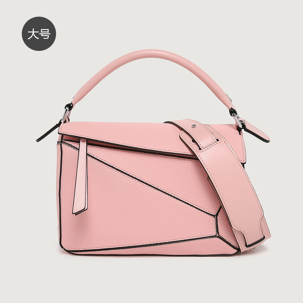 2025 popular new handbag geometric splicing pillow bag lychee pattern messenger bag fashionable and lightweight large-capacity doctor bag