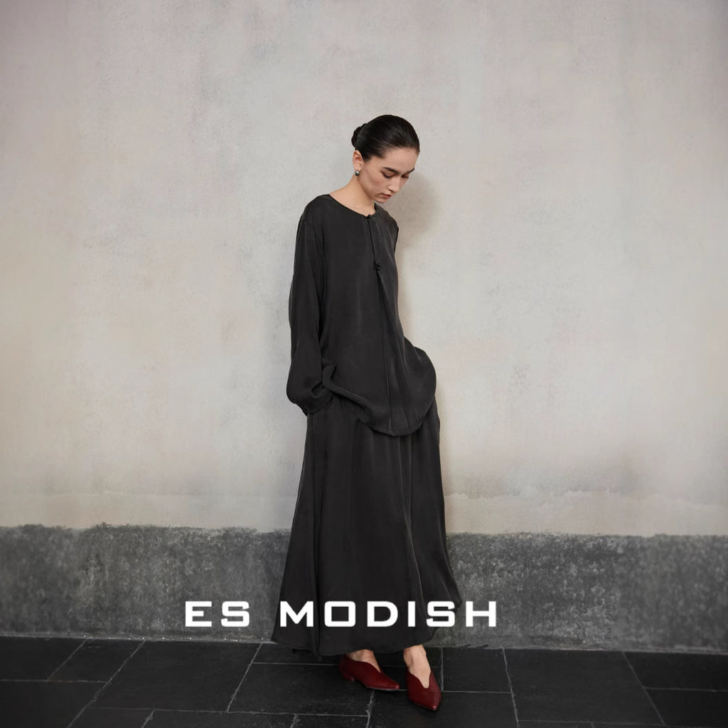 2025 ES MODISH spring new national style retro simple and elegant long-sleeved shirt + A-shaped skirt suit for girls
