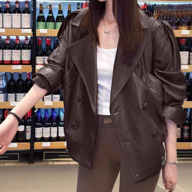 2025 Spot Yang Mi star with the same leather jacket popular autumn new simulation wallet brown loose protein leather jacket