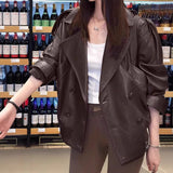 2025 Spot Yang Mi star with the same leather jacket popular autumn new simulation wallet brown loose protein leather jacket