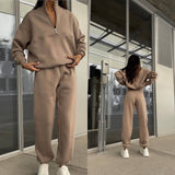 GOOSUDU New long-sleeved zipper stand-up neck sweater set women's autumn and winter new comfortable loose sports and leisure sweater two-piece set