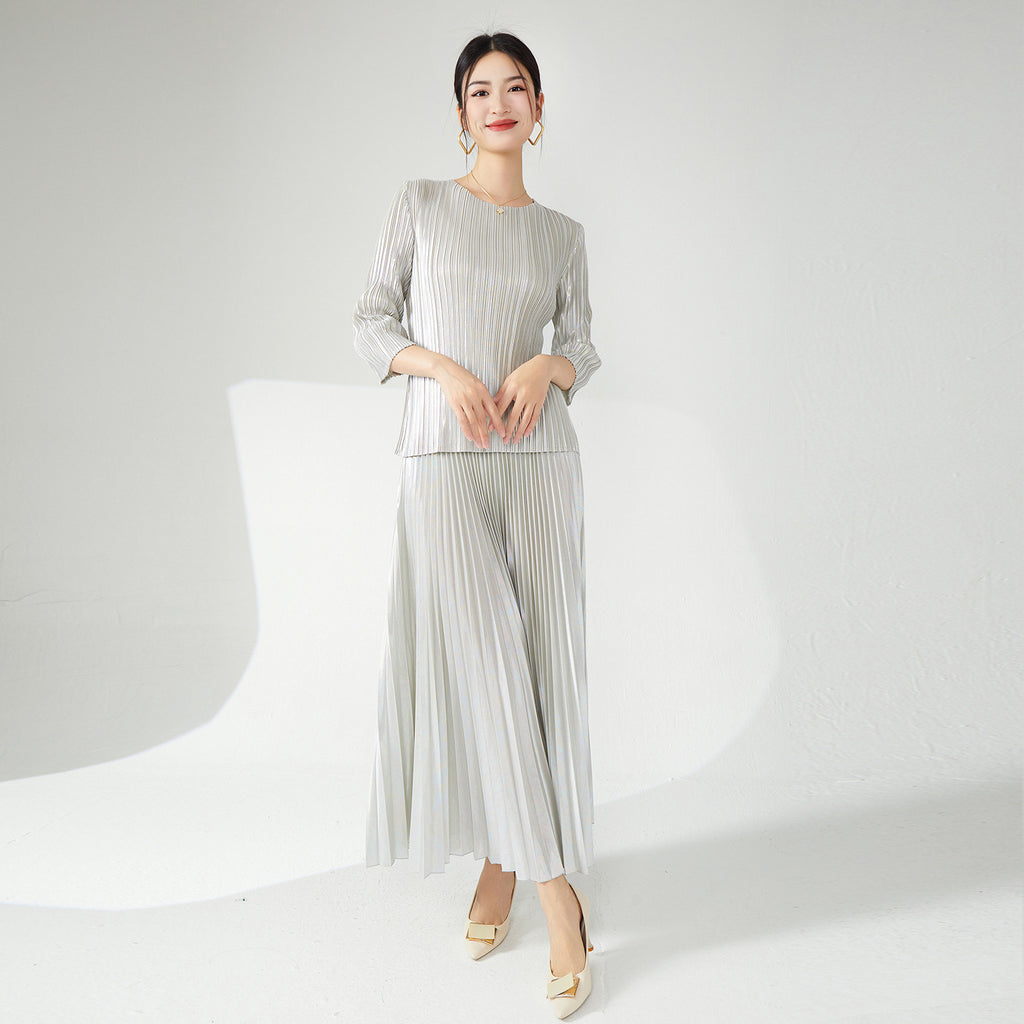 2025 Pleated suit women's fashion high-end women's clothing spring and autumn new hardware girl crew neck T-shirt top fashion skirt