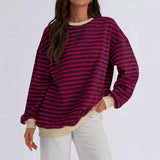 GOOSUDU New  2025 style clothing autumn and winter new round neck contrasting top striped loose long-sleeved fashion sweater