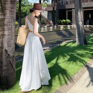 2025 super fairy white hollow slanted shoulder dress women's summer high-end temperament seaside vacation waist long skirt