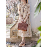 Exquisite full-embroidered Tencel embroidered round neck gentle wind dress retro loose and thin temperament improved cheongsam woman