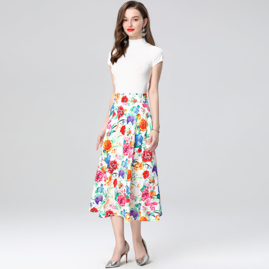 Temperament age-reducing suit women's  summer dress new round neck pullover knitted sweater printed skirt two-piece trendy