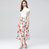 Temperament age-reducing suit women's  summer dress new round neck pullover knitted sweater printed skirt two-piece trendy