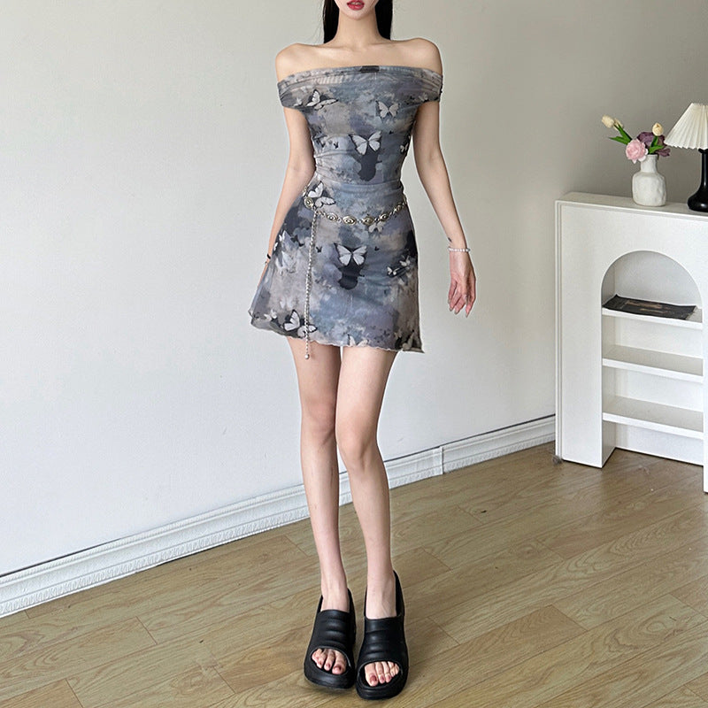 2025 style popular summer new women's clothing retro butterfly smudge printing mesh one-word collar dress