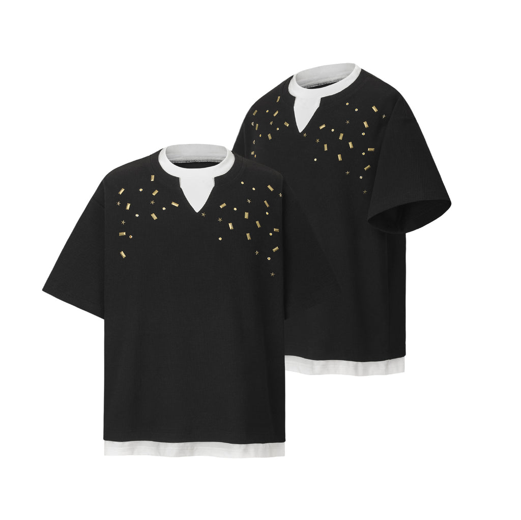 2025 8571 2025n street 2025 summer fake two pieces metal design men's loose senior sense neutral short-sleeved T-shirt