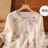 Literary retro embroidered cotton and linen shirt  summer new loose large size casual zen tea clothes shirt top