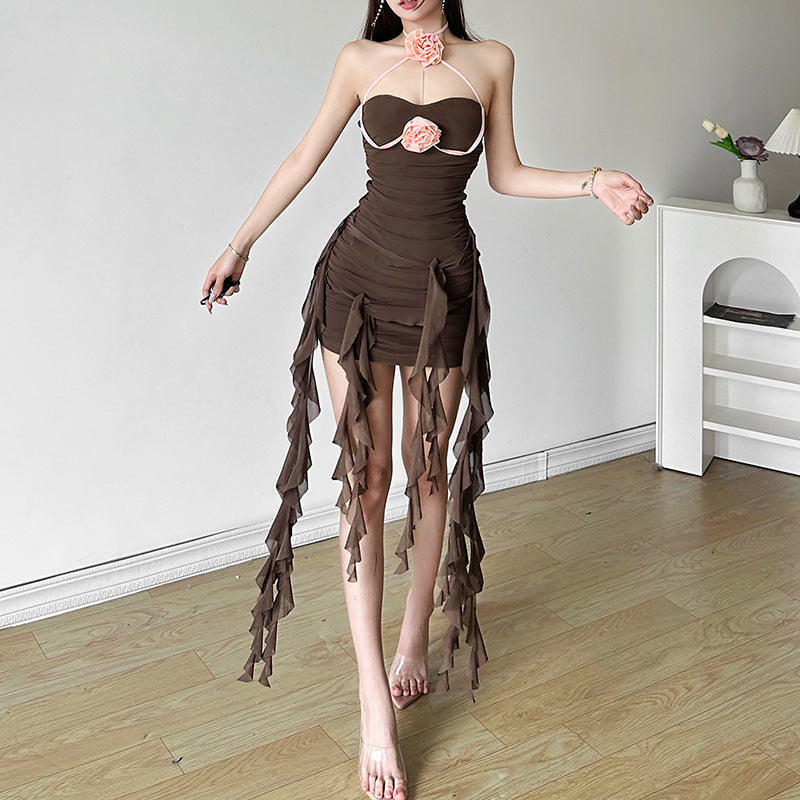 2025 style popular summer new women's clothing trend contrasting colors flower one-word neck wavy edge dress