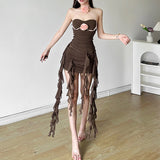 2025 style popular summer new women's clothing trend contrasting colors flower one-word neck wavy edge dress