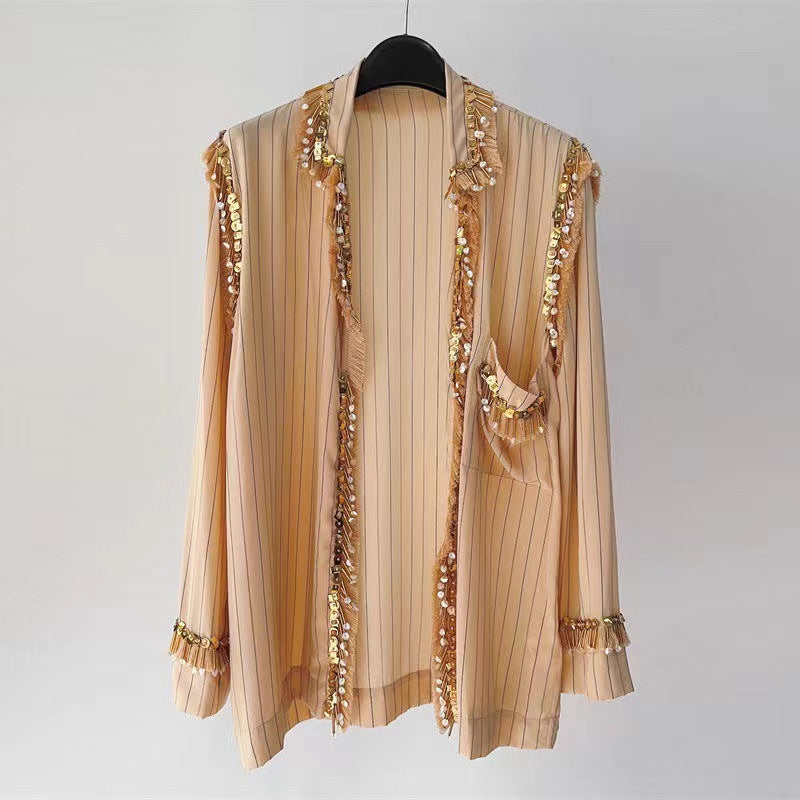 2025 Heavy Industry popular early autumn new handmade beaded sequins imitation silk shirt jacket cardigan top women