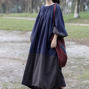 Shan Qian Nianyi, spring and autumn cotton and linen loose long dress pleated lantern sleeves big bat drawstring collar color matching dress