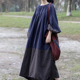 Shan Qian Nianyi, spring and autumn cotton and linen loose long dress pleated lantern sleeves big bat drawstring collar color matching dress
