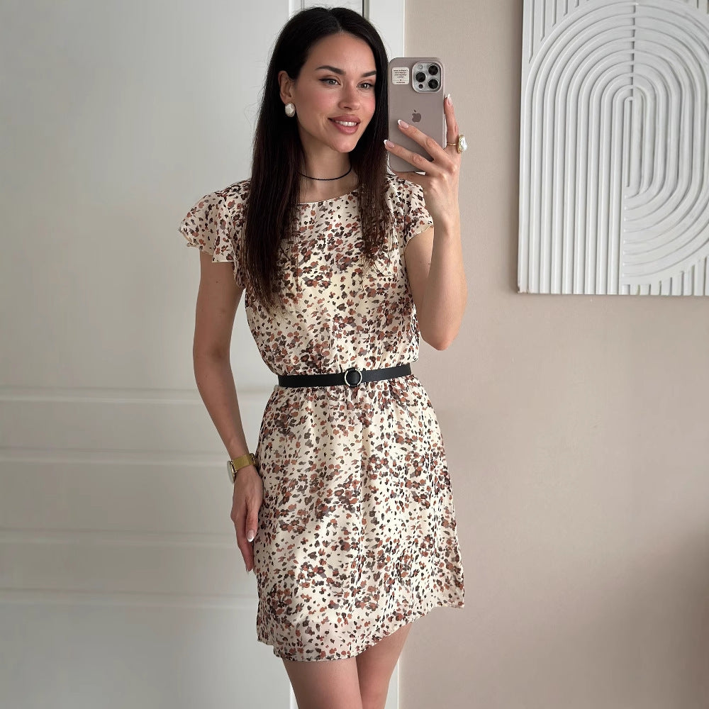 ins style summer high-end round neck short-sleeved printed casual dress A-shaped skirt ice silk thin waist women