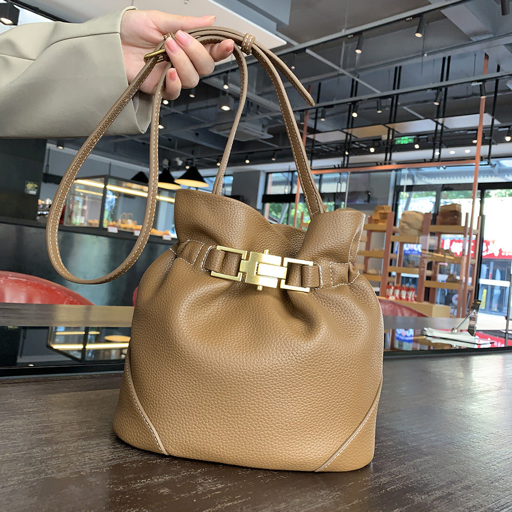 GOOSUDU 2025 New niche retro lychee pattern portable bucket bag single shoulder oblique span women's bag simple high-end versatile bag