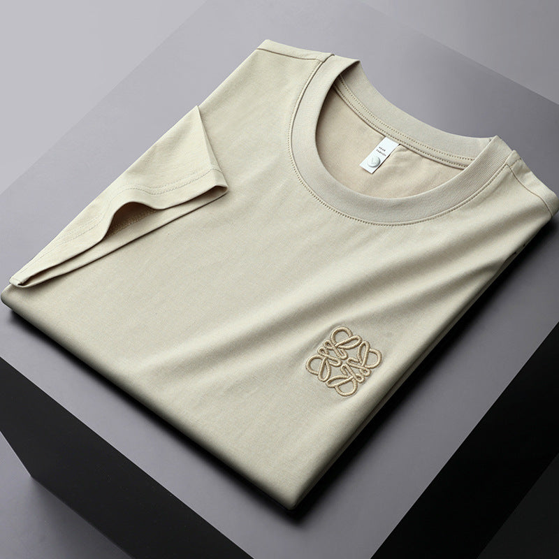 GOOSUDU Heavy European Goods Mercerized Cotton Short Sleeve T-shirt Men's Slim Fit Fashion High-End Embroidery round Neck Half Sleeve Boy's Undershirt Fashion