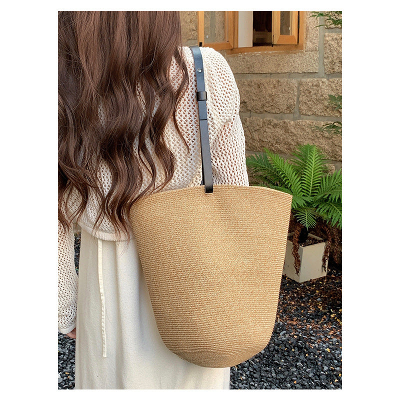 GOOSUDU Straw Bag Summer Niche Designer Bucket Bag Crossbody Shoulder Portable Ins Beach Bag Women's Retro