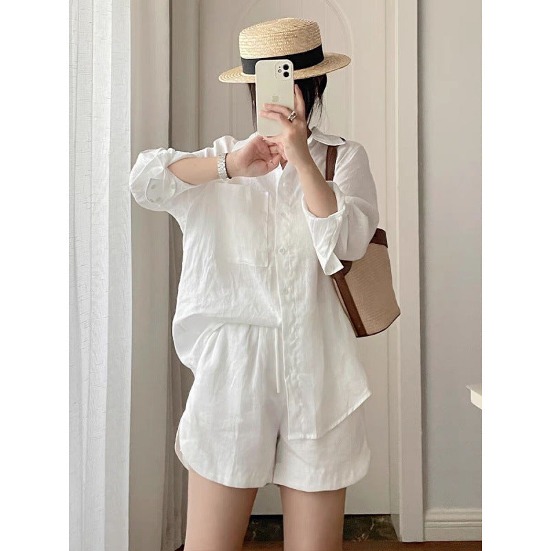 retro sunscreen linen white long shirt two-piece set  summer new solid color simple set