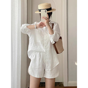 retro sunscreen linen white long shirt two-piece set  summer new solid color simple set
