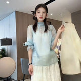 2025 New Chinese Style Crew Neck Solid Color Button Shirt Loose Mulberry Silk Niche Premium Top N2021