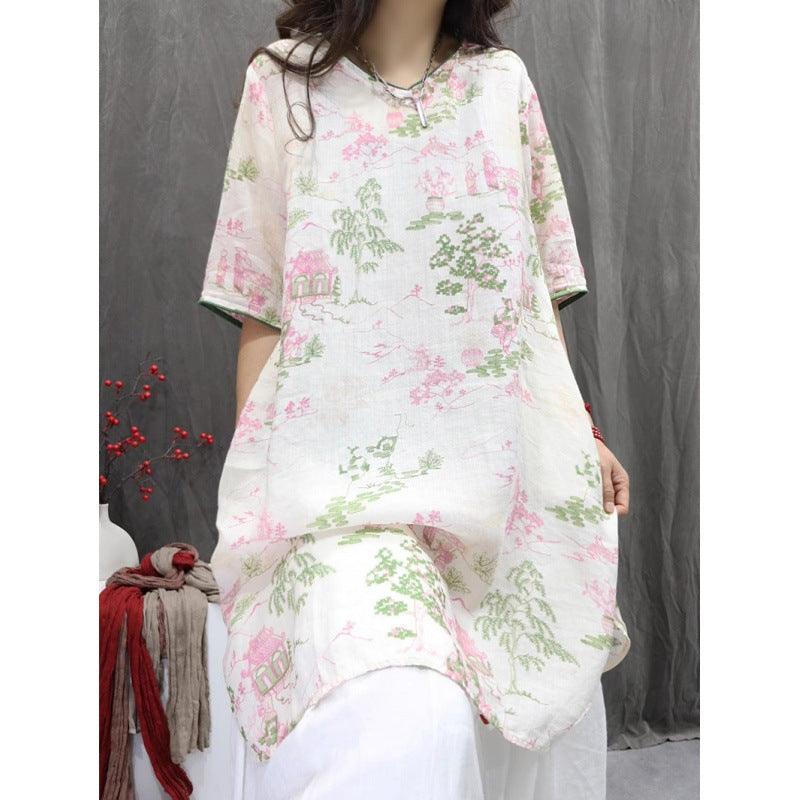 summer new literary printing light and loose large size personality Popular style casual versatile medium and long shirt women