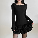 2025 style popular autumn new women's clothing elegant pleated hem design solid color slim-fitting long-sleeved dress