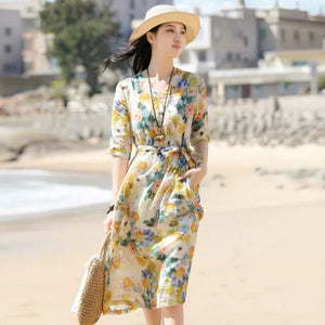 Floral dress summer  new temperament V-neck small fresh printed skirt seaside vacation skirt women