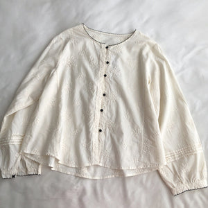 Hook lace round neck literary retro long-sleeved shirt buckle design thin versatile thin embroidered shirt women