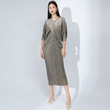 2025 Women's Wholesale Source Metal Sequins Pleated Dress V-Neck Bat Sleeve Loose Irregular Dress