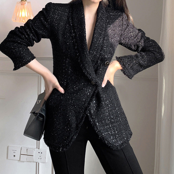 2025 Xiaoxiangfeng blazer women's clothing  spring and autumn new short tweed spring Korean temperament black top