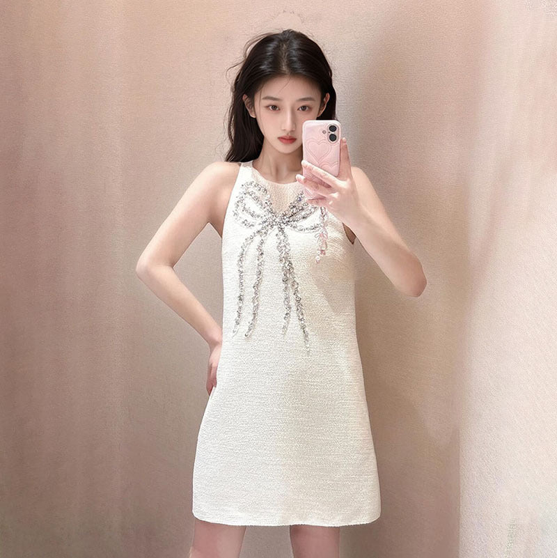 Xiaoxiangfeng's new heavy industry three-dimensional bead design sense, round neck sleeveless temperament, waist and thin dress N1016