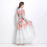 Popular trade  holiday style women's clothing new flower oil painting style lace splicing V-neck long dress