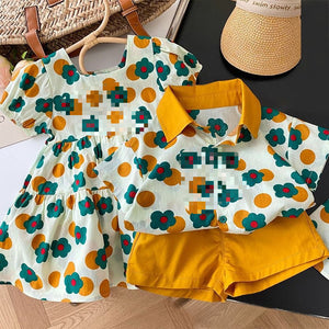 Boys' Summer New Polo Collar Top Shorts Western Style Flower Suit Children's Korean Fashion Short Sleeve Dress Tide