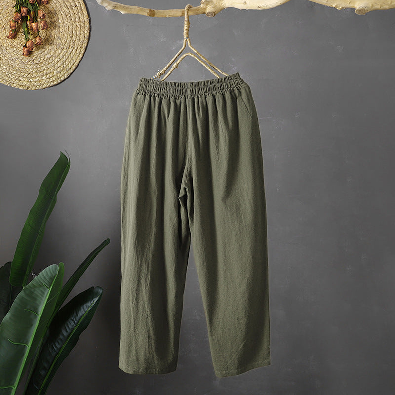 Cotton and linen set, summer  new literary and retro printing fake two-piece top, Harlan pants slim two-piece set