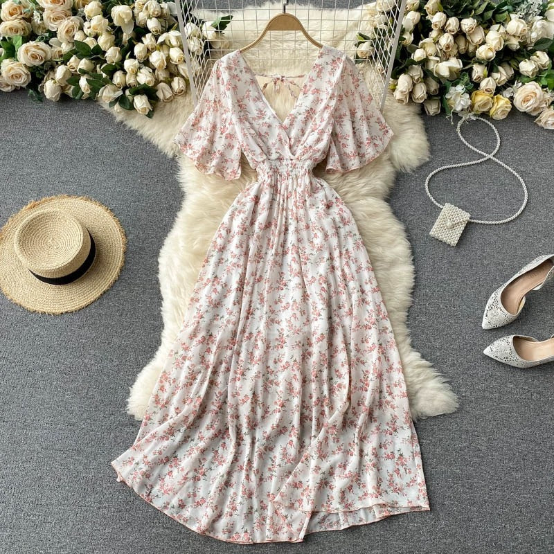 Seaside Holiday Dress Summer 2025 New Sexy V-neck Tight Waist Slimming Long Chiffon Floral Beach Dress